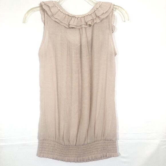 Mine Sheer Pullover Blouse Top Size S Scoop Neck Pearl Rosettes Beige - Picture 8 of 16